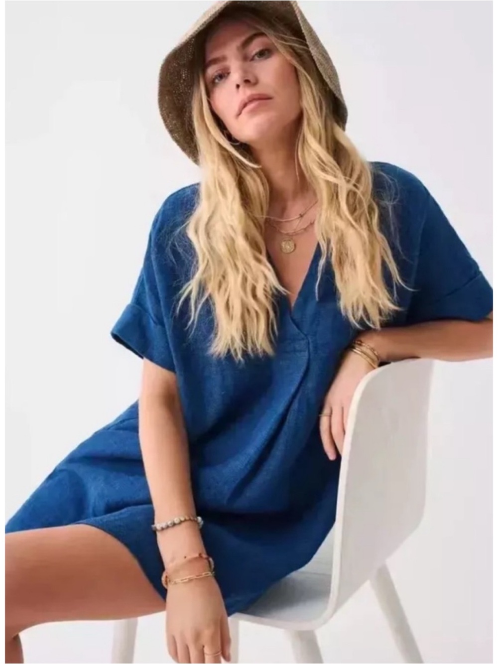 Faherty Indigo Blue V-Neck Shift Dress - Picture 2 of 8